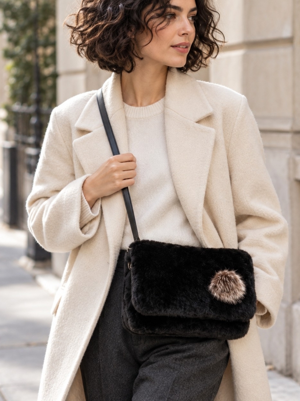 Handmade Black Fur & Leather Crossbody Hand Muff Bag